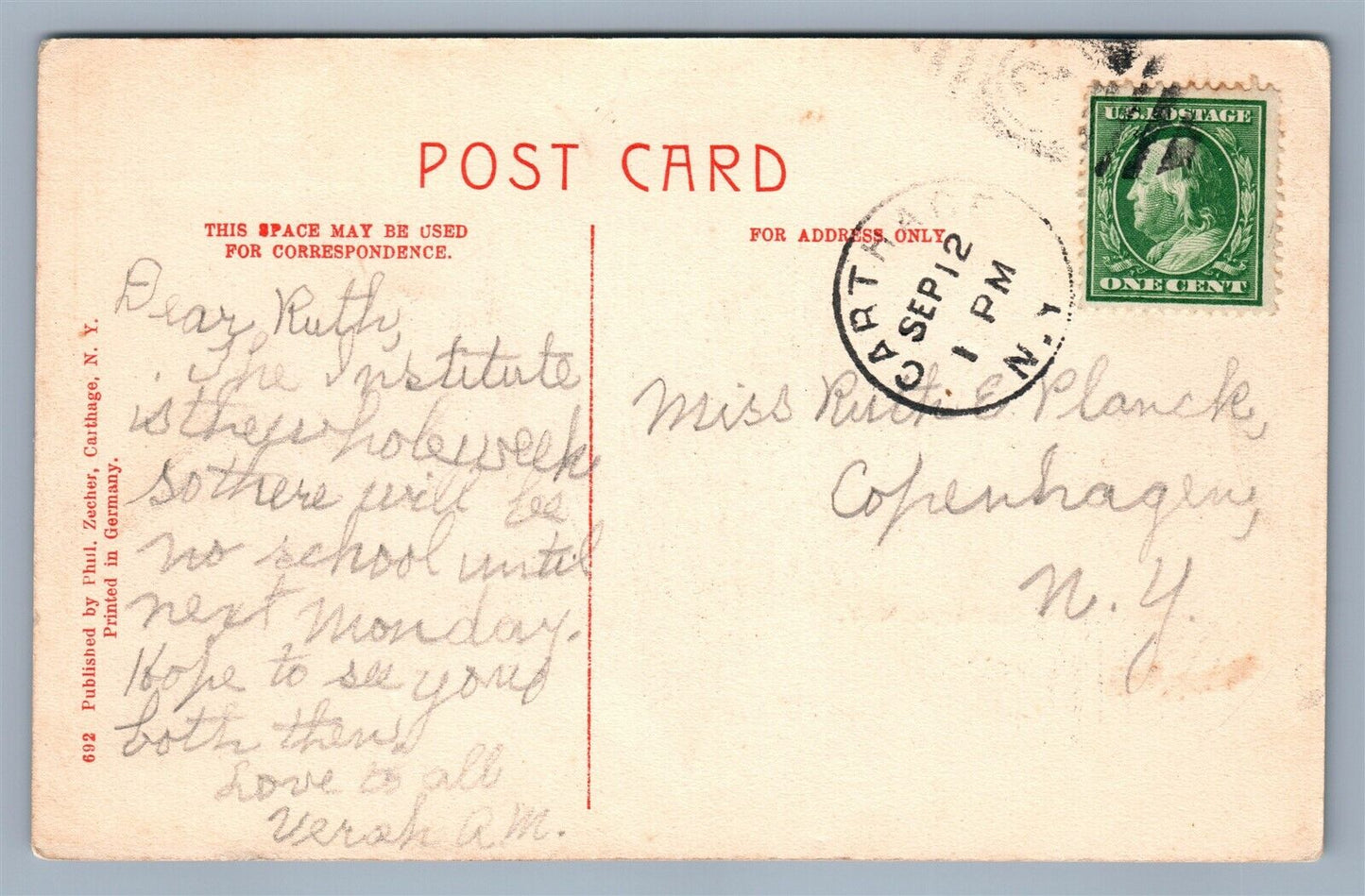 CARTHAGE NY SCHOOL STREET ANTIQUE POSTCARD w/ CORK CANCEL