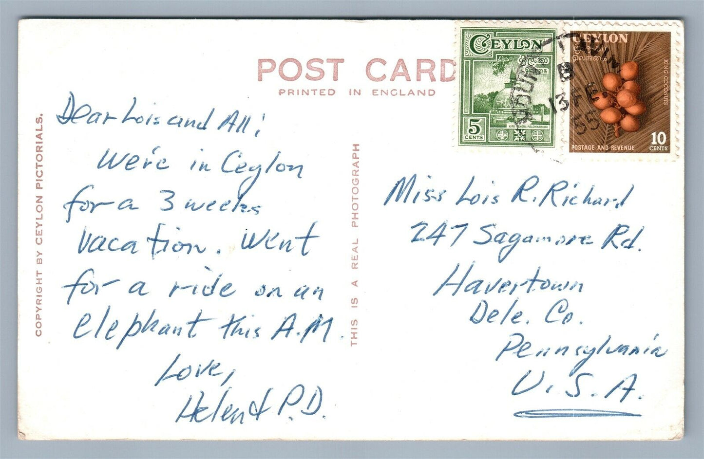 CEYLON ELEPHANT & MAHOUT VINTAGE REAL PHOTO POSTCARD RPPC w/ STAMPS SRI LANKA