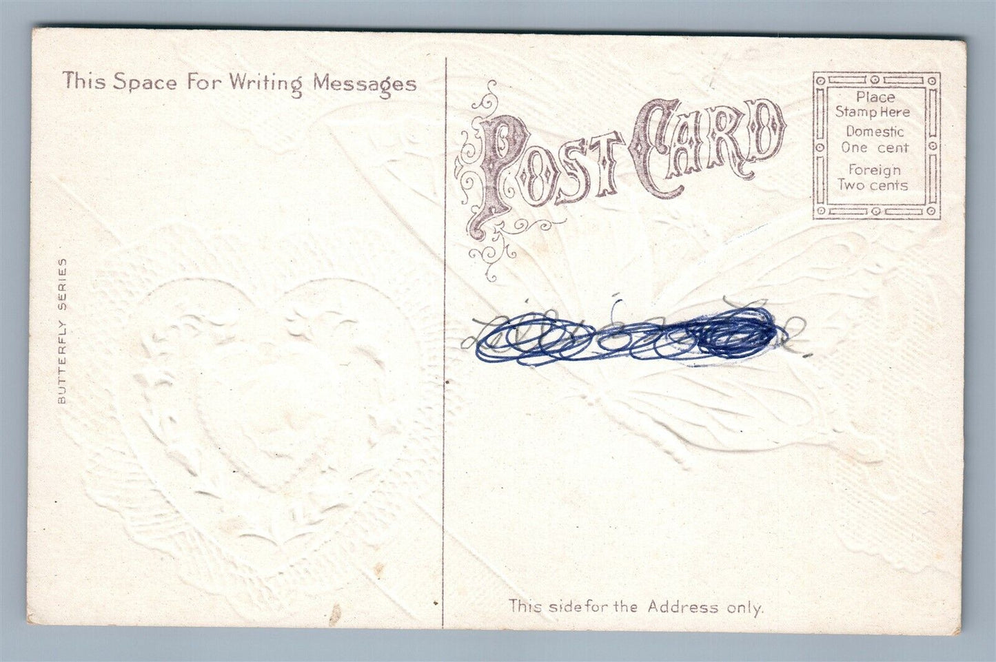 VALENTINE EMBOSSED ANTIQUE POSTCARD BUTTERFLY SERIES