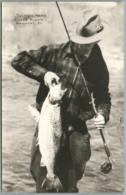 NEWPORT VT SALMON FISHING CLYDE RIVER VINTAGE REAL PHOTO POSTCARD RPPC