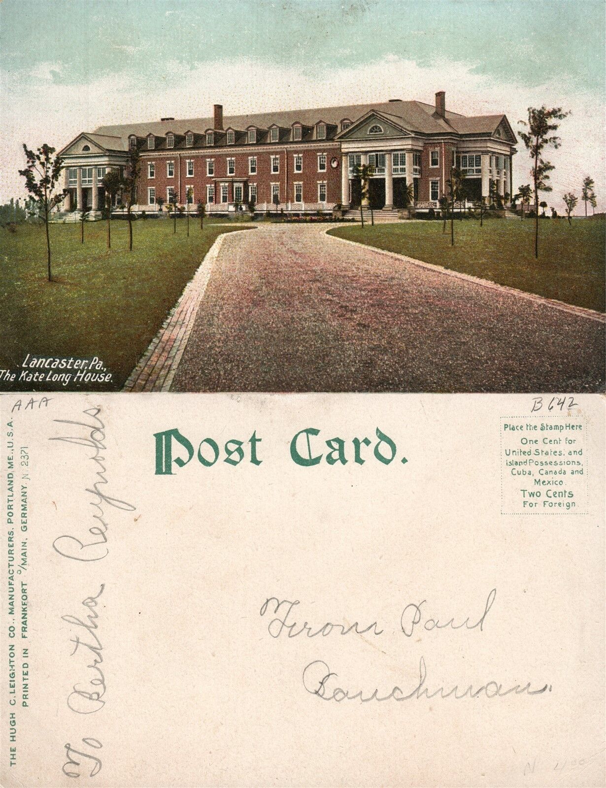 LANCASTER PA KATE LONG HOUSE UNDIVIDED ANTIQUE POSTCARD