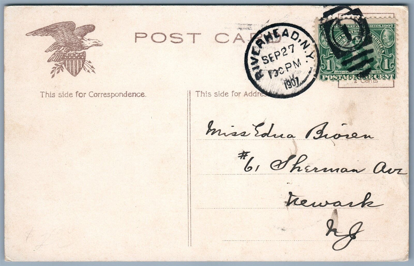 RIVERHEAD LONG ISLAND NY OLD RED MILL 1907 ANTIQUE POSTCARD w/ CORK CANCEL