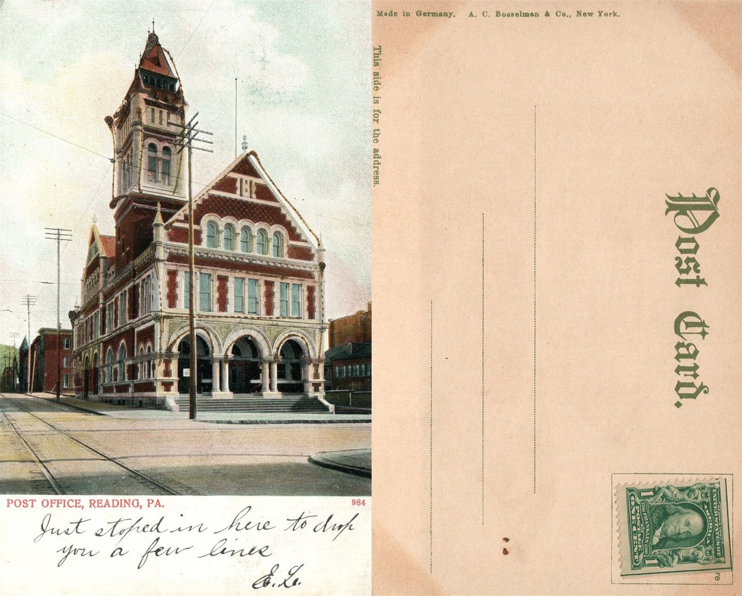 READING PA POST OFFICE UNDIVIDED ANTIQUE POSTCARD