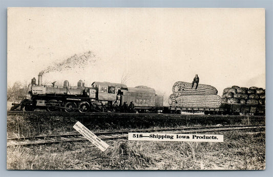 EXAGGERATED CORN IOWA RAILROAD 1909 ANTIQUE REAL PHOTO POSTCARD RPPC montage
