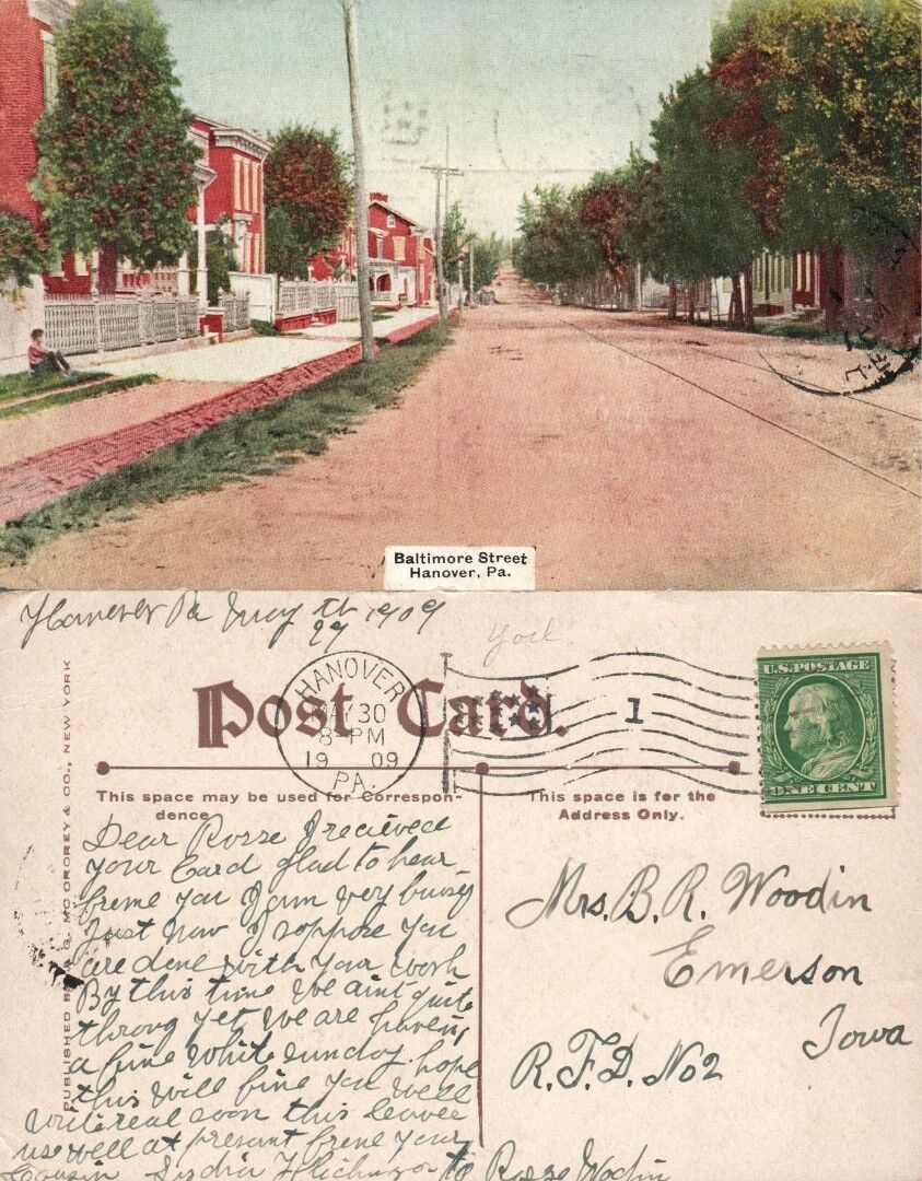 BALTIMORE STREET HANOVER PA 1909 ANTIQUE POSTCARD