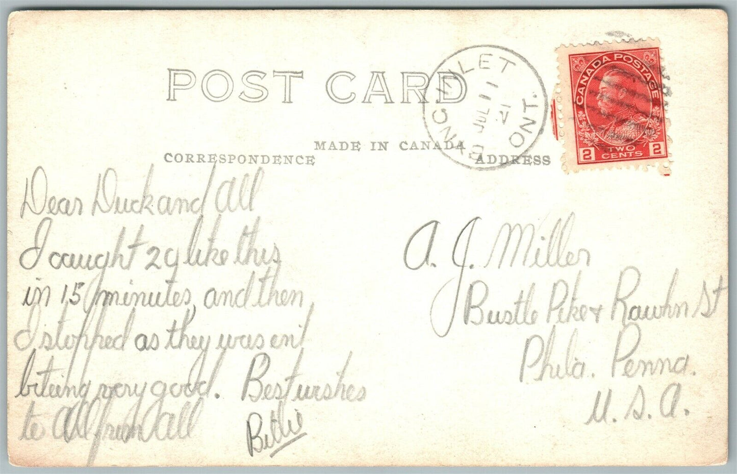 INLET ONT. CANADA FISHING EXAGGERATED ANTIQUE REAL PHOTO POSTCARD RPPC