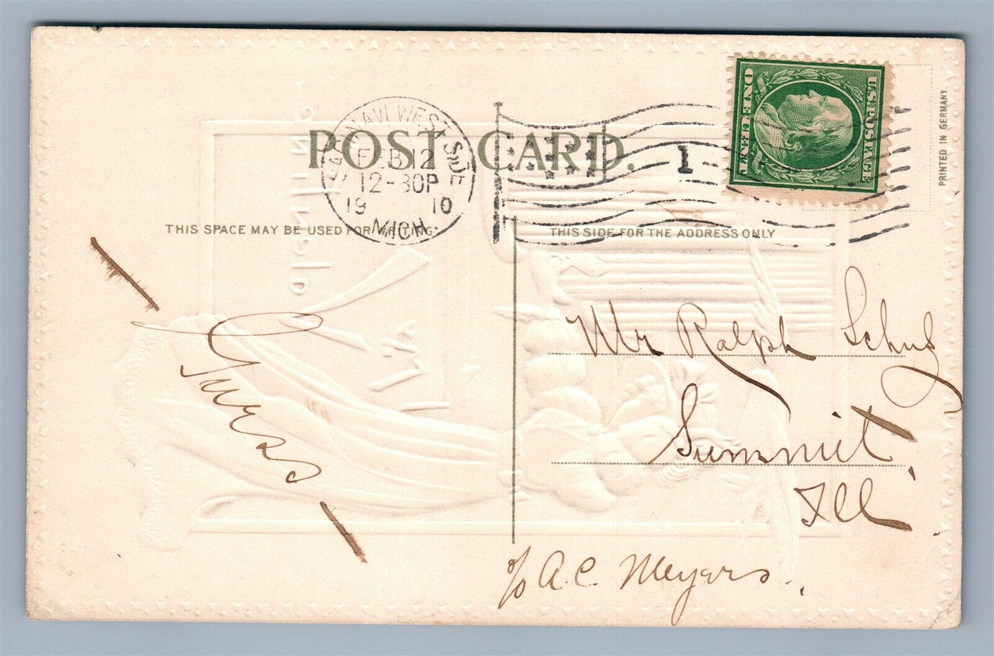 VALENTINE 1910 EMBOSSED ANTIQUE POSTCARD GLAMOUR LADY w/ WHITE BIRD