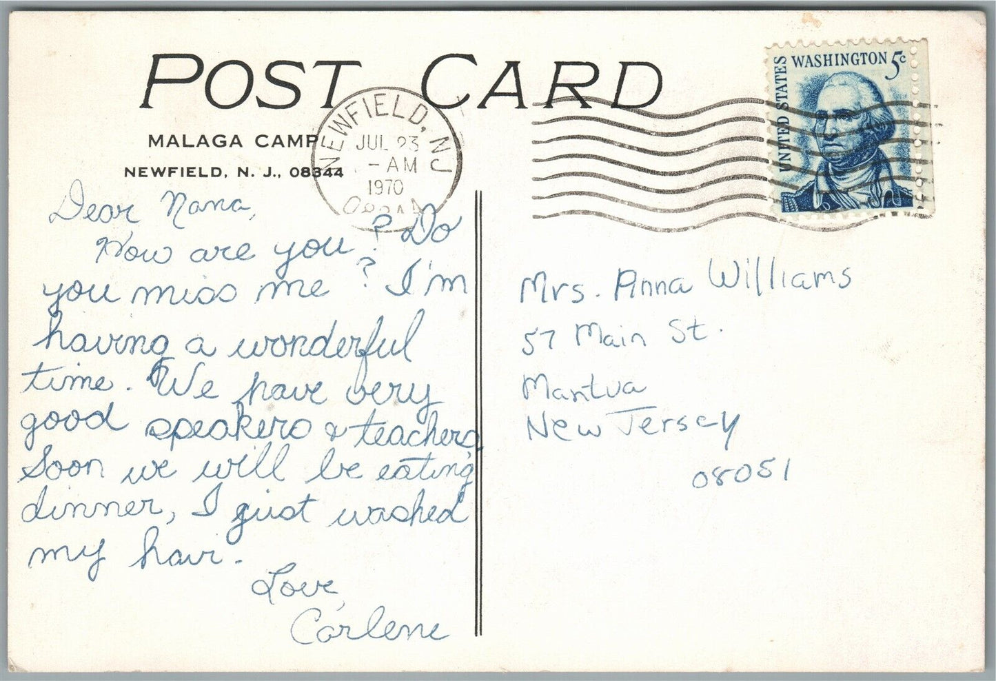 NEWFIELD NJ MALAGA CAMP VINTAGE POSTCARD