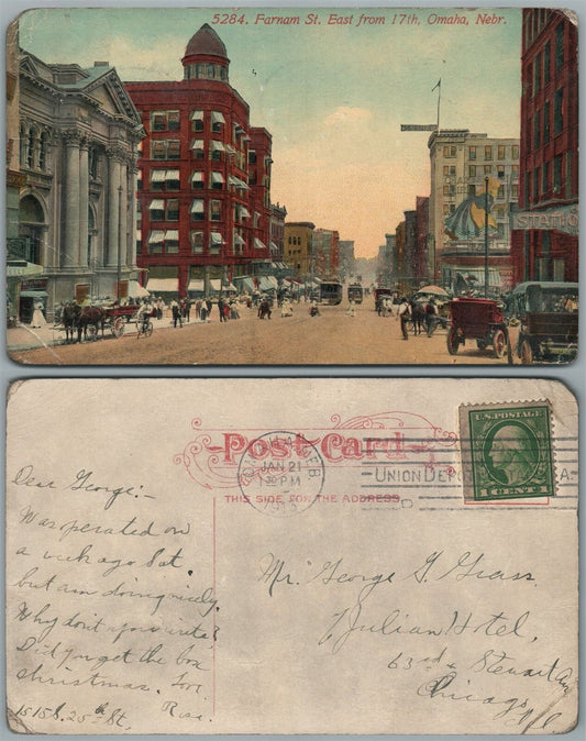 OMAHA NE FARNAM STREET 1913 ANTIQUE POSTCARD