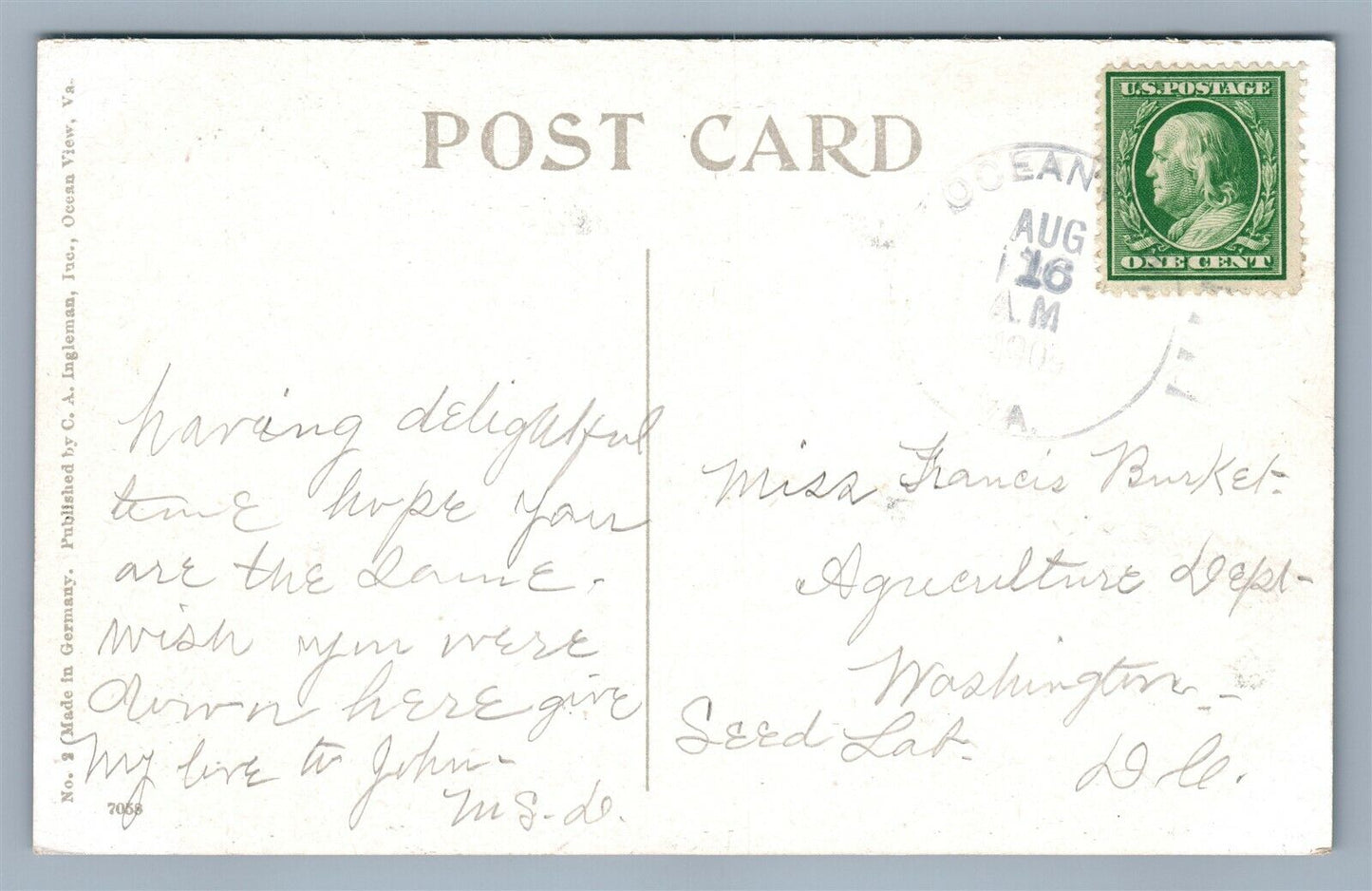 OCEAN FRONT OCEAN VIEW VA ANTIQUE POSTCARD