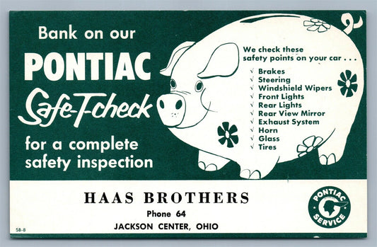JACKSON CENTER OH HAAS BROTHERS PONTIAC INSPECTION ADVERTISING VINTAGE POSTCARD