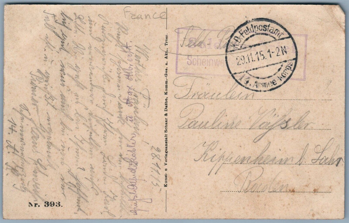 HEUTREGIVILLE FRANCE 1915 GERMAN FELDPOST ANTIQUE POSTCARD