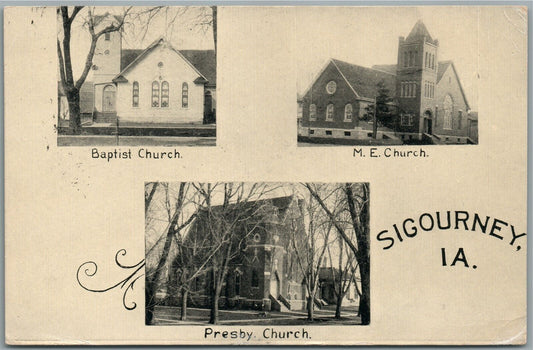 SIGOURNEY IA CHURCHES ANTIQUE POSTCARD