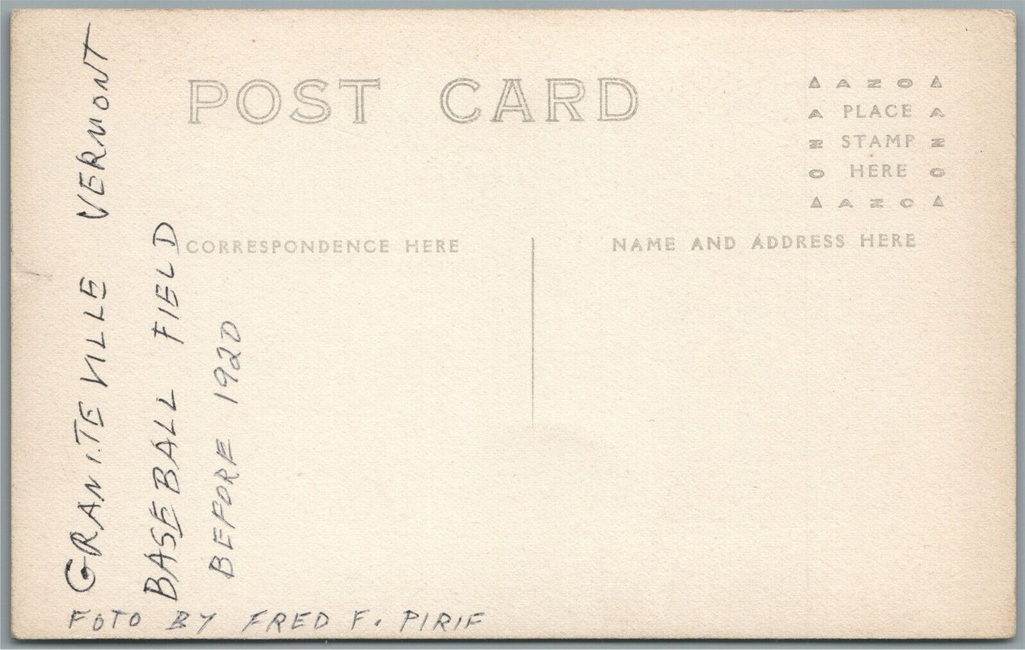 GRANITEVILLE VT BASEBALL FIELD ANTIQUE REAL PHOTO POSTCARD RPPC