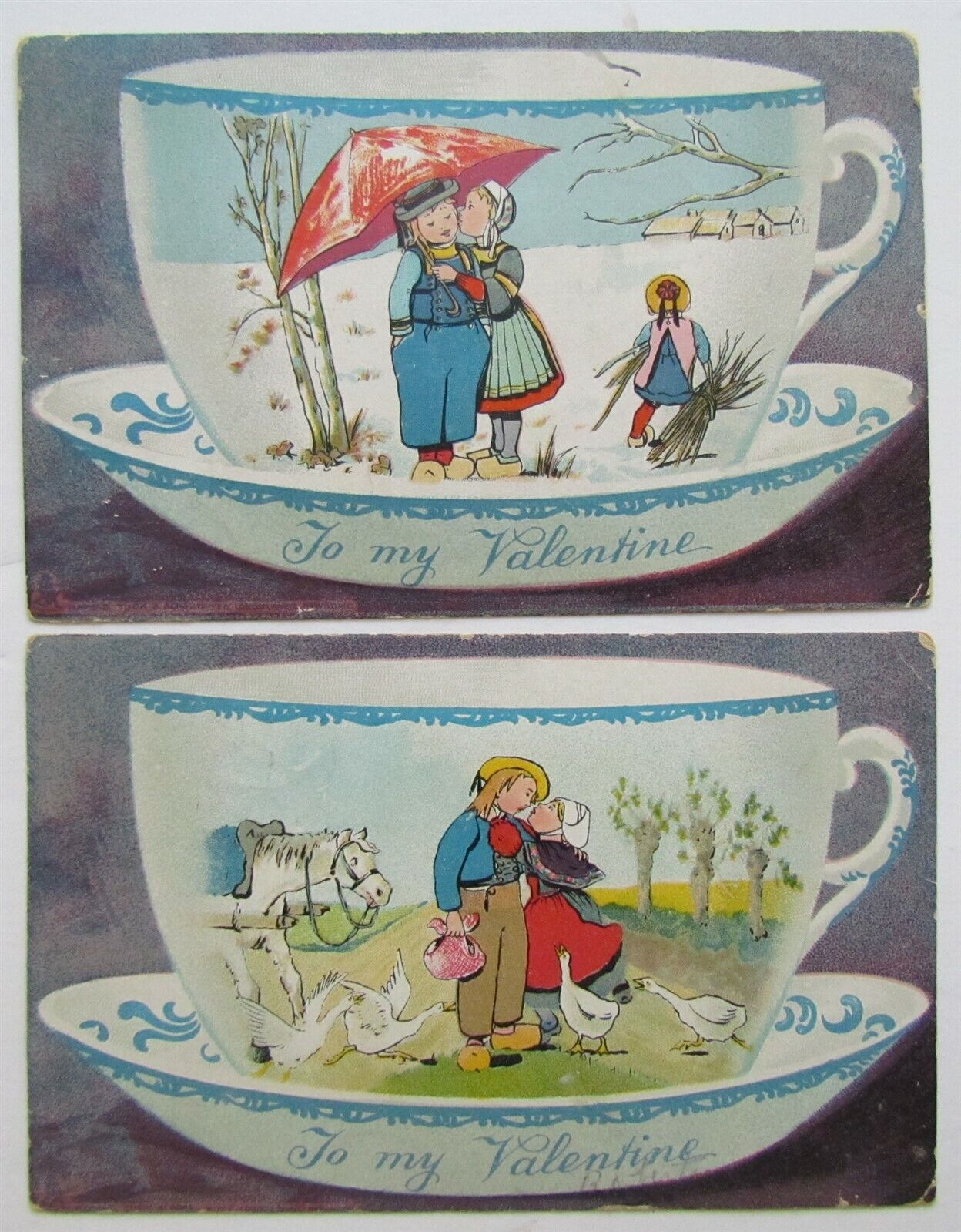 VALENTINE DAY LOT OF 2 ANTIQUE POSTCARDS - CUPS & SAUCERS