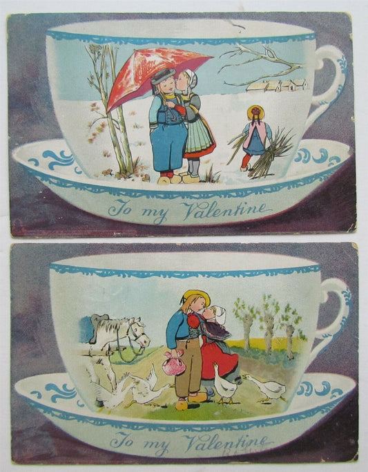 VALENTINE DAY LOT OF 2 ANTIQUE POSTCARDS - CUPS & SAUCERS