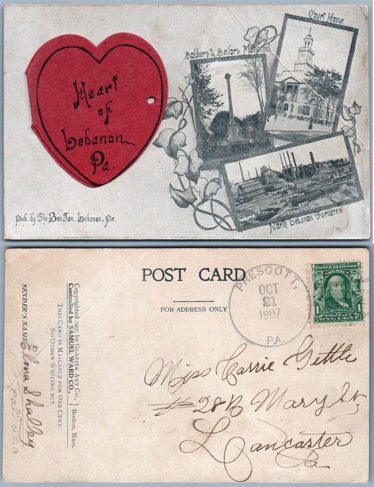 LEBANON PA VIEWS w/ APPLIED HEART 1907 UNDIVIDED ANTIQUE POSTCARD