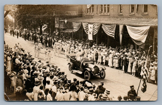 STREET PARADE w/ AMERICAN FLAGS ANTIQUE REAL PHOTO POSTCARD RPPC patrioric