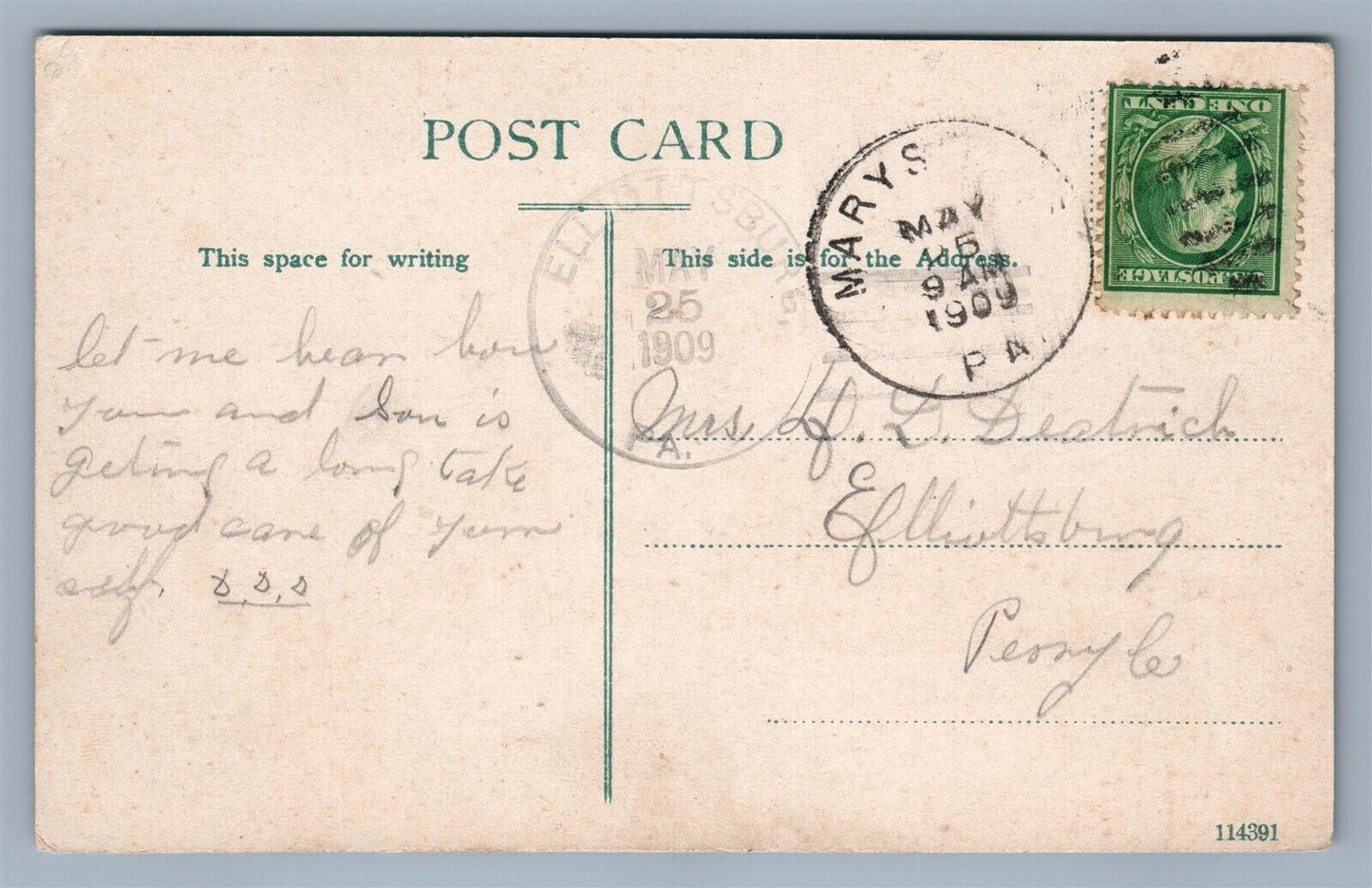 MARYSVILLE PA BETHANY UNITED EVANGELICAL CHURCH 1909 ANTIQUE POSTCARD