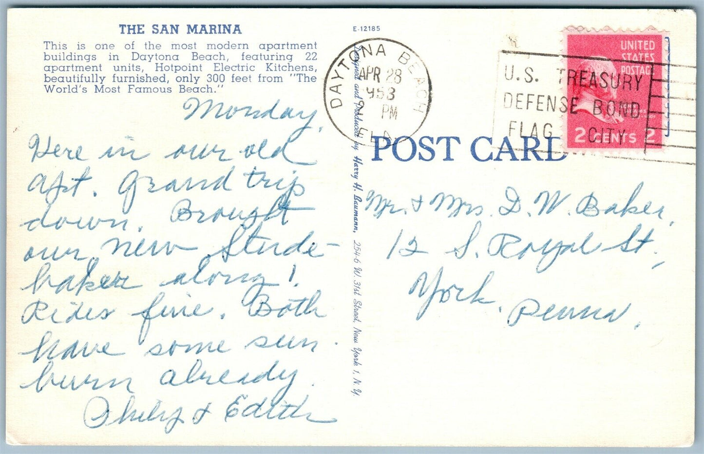 DAYTONA BEACH FL SAN MARINA N. ATLANTIC AVE. VINTAGE POSTCARD