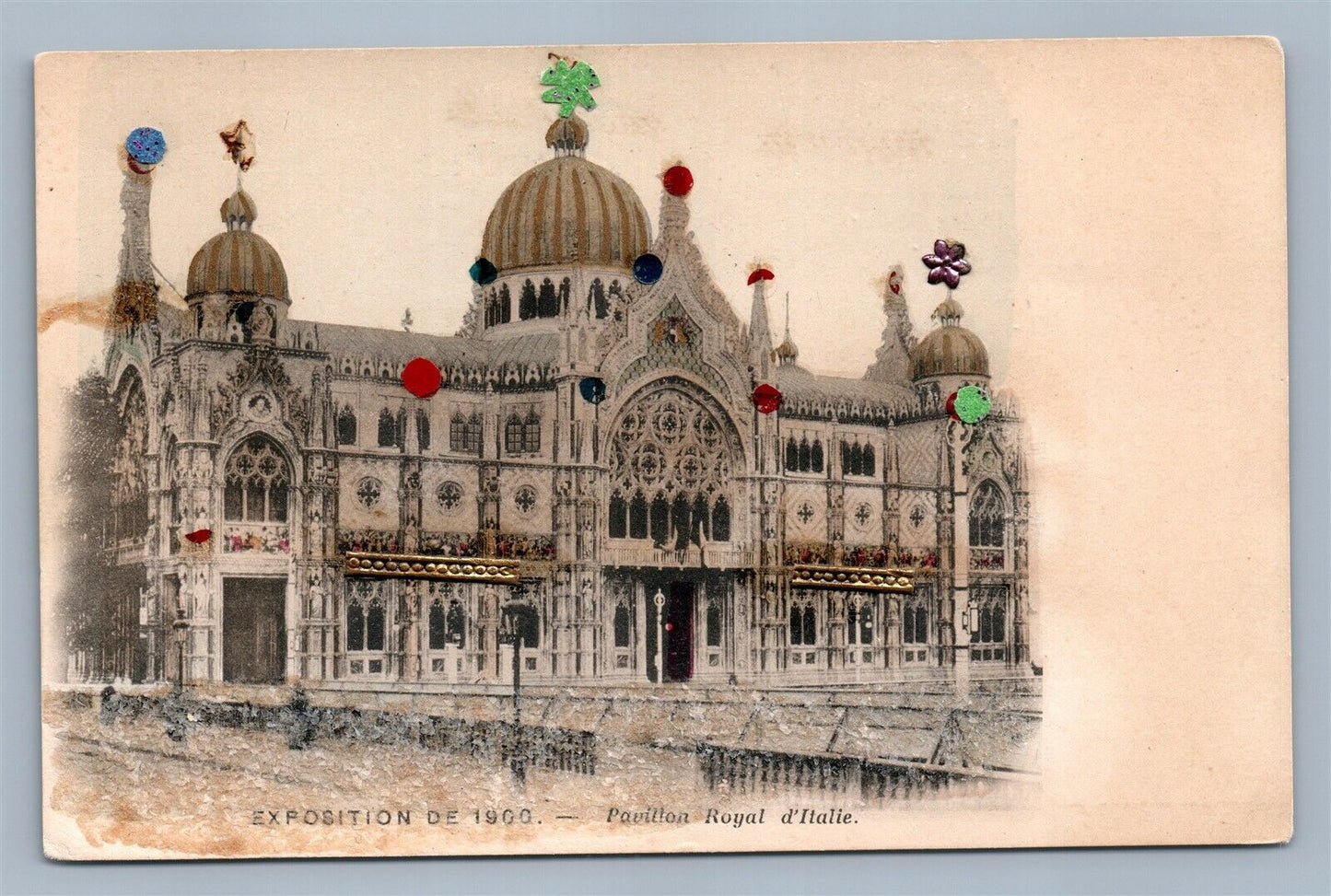 1900 PARIS EXPOSITION ANTIQUE POSTCARD PAVILLION d'ITALIE SPANGLED APPLIQUE