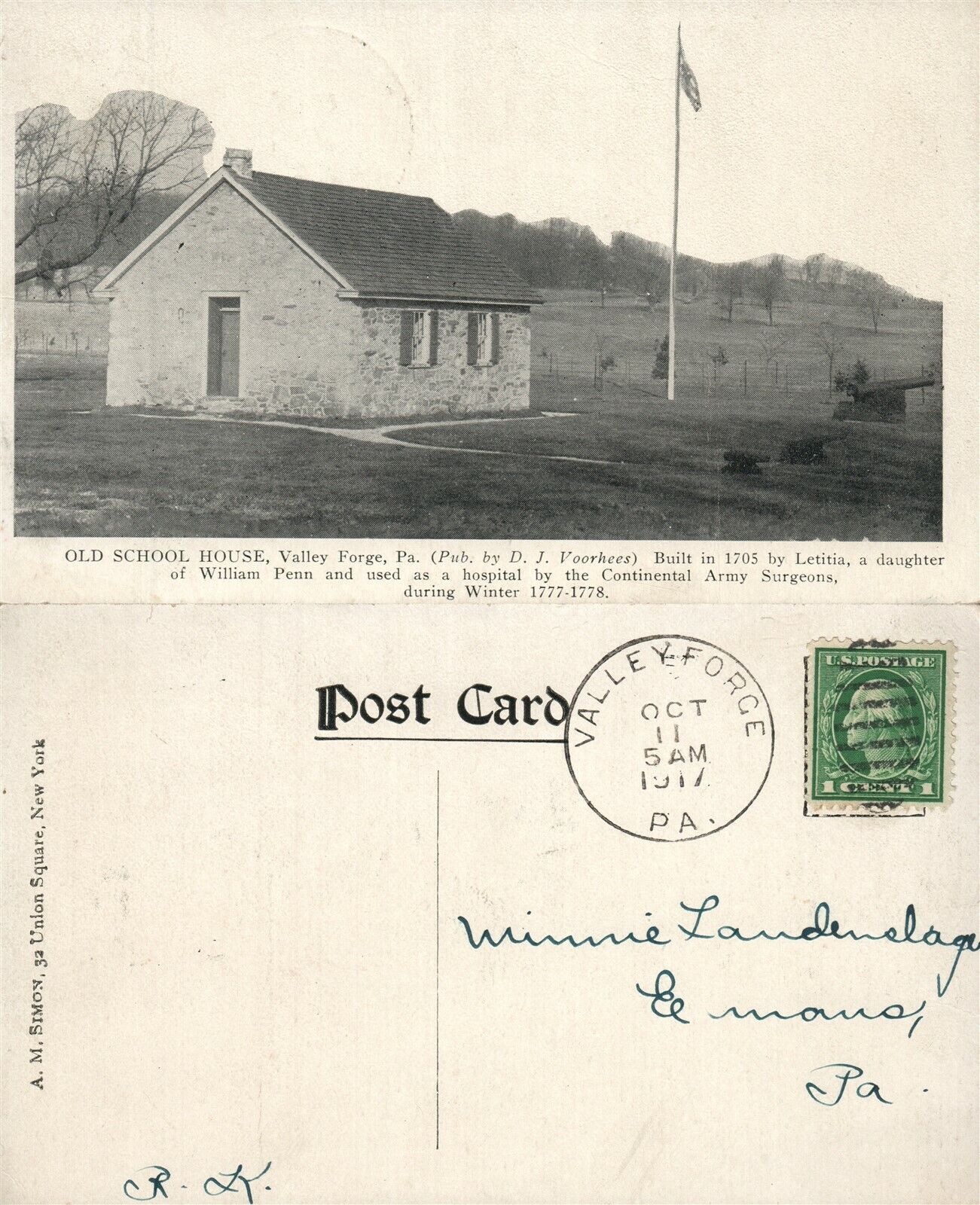 VALLEY FORGE PA OLD SCHOOL HOUSE ANTIQUE POSTCARD HOSPITAL for ARMY SURGEONS