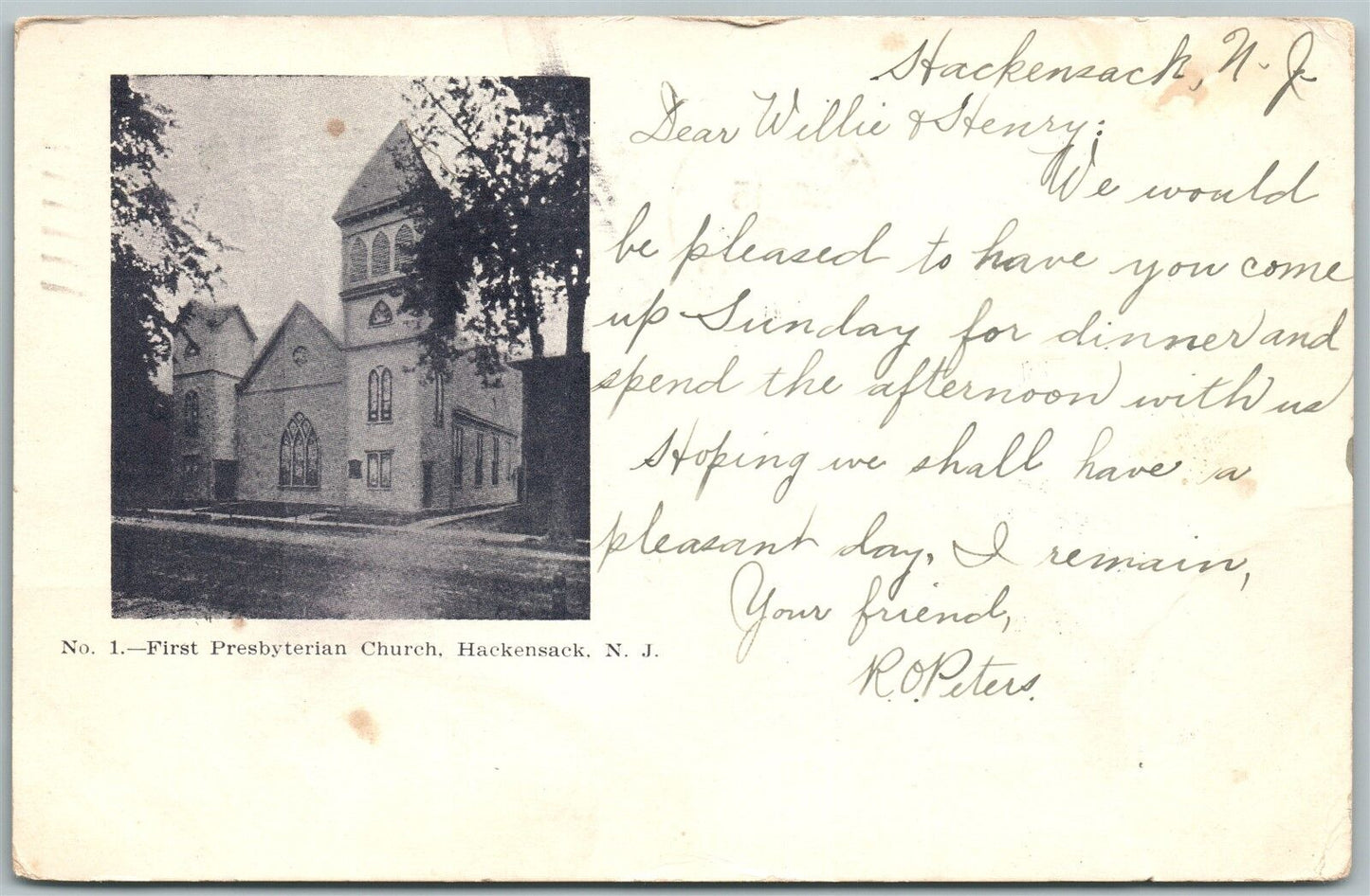 HACKENSACK NJ FIRST PRESBYTERIAN CHURCH 1905 UNDIVIDED ANTIQUE POSTCARD