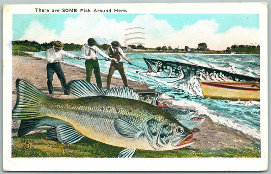 EXAGGERATED FISHING 1934 VINTAGE POSTCARD