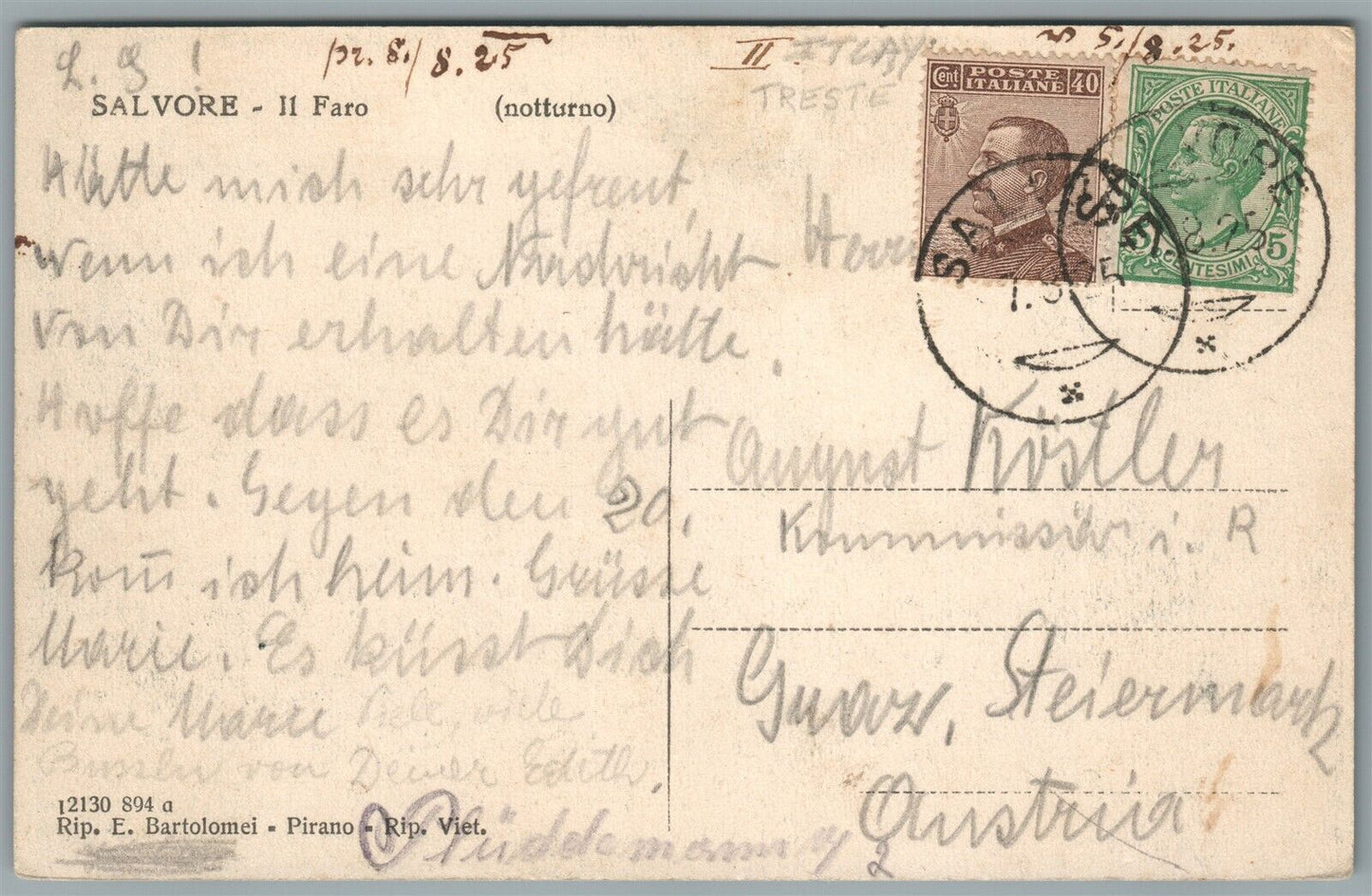 ITALY TRIESTE LIGHTHOUSE ANTIQUE POSTCARD w/ STAMPS