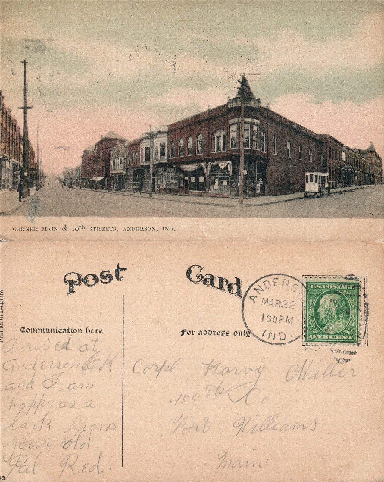 ANDERSON IN MAIN & 10th STREET ANTIQUE 1908 POSTCARD CORK CANCEL