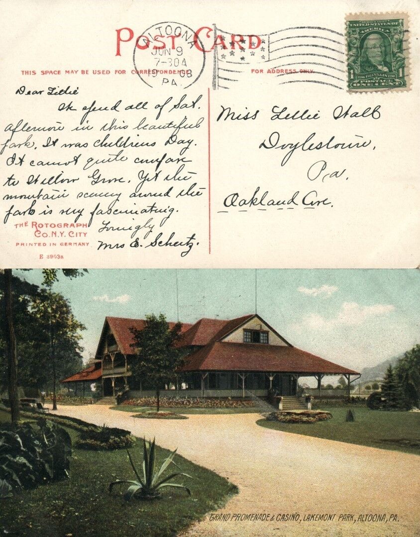 ALTOONA PA LAKEWOOD PARK PROMENADE & CASINO 1908 ANTIQUE POSTCARD