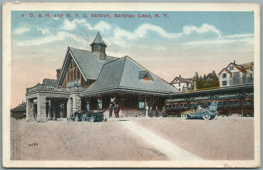 SARANAC LAKE NY RAILROAD STATION RAILWAY TRAIN DEPOT ANTIQUE POSTCARD