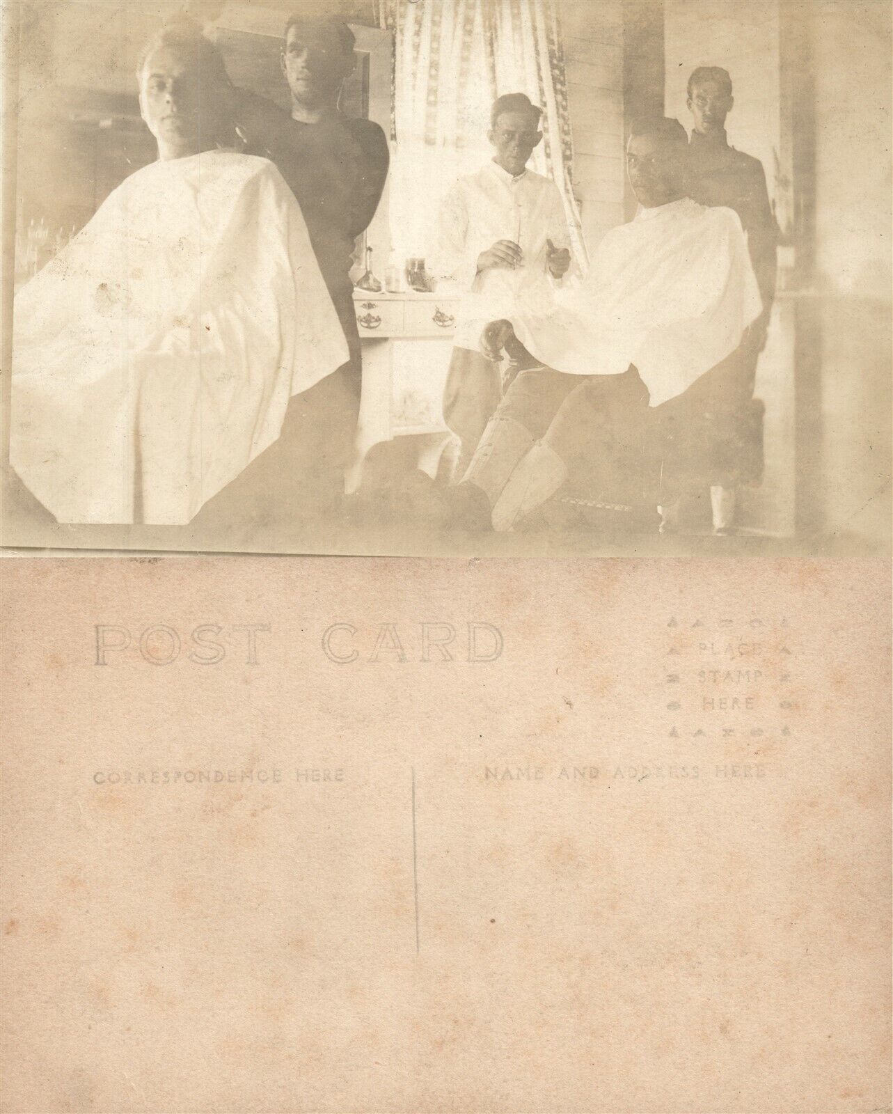 SOLDIERS WWI MILITARY HAIRDRESSERS REAL PHOTO POSTCARD ANTIQUE RPPC