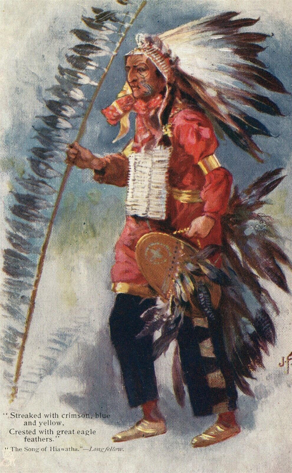 AMERICAN INDIAN CHIEF SONG OF HIAWATHA SERIES artist signed ANTIQUE POSTCARD