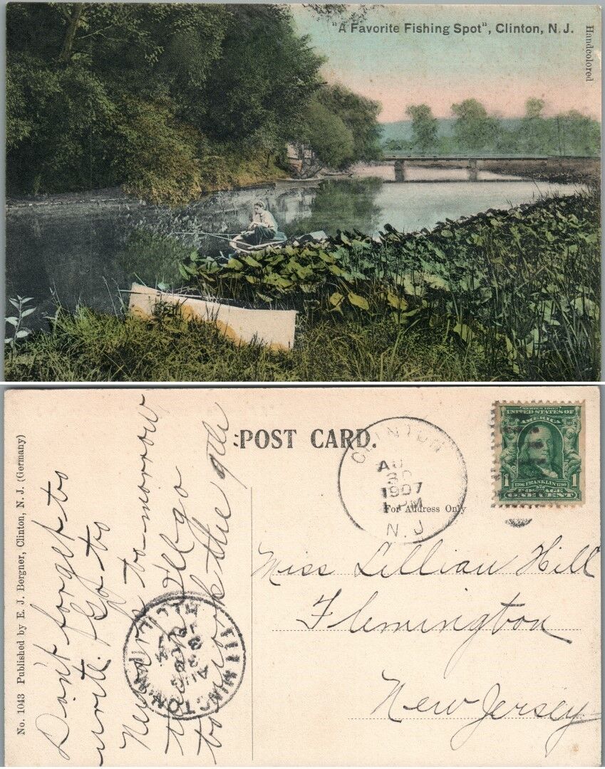 ANTIQUE 1907 POSTCARD FAVORITE FISHING SPOT CLINTON N.J.