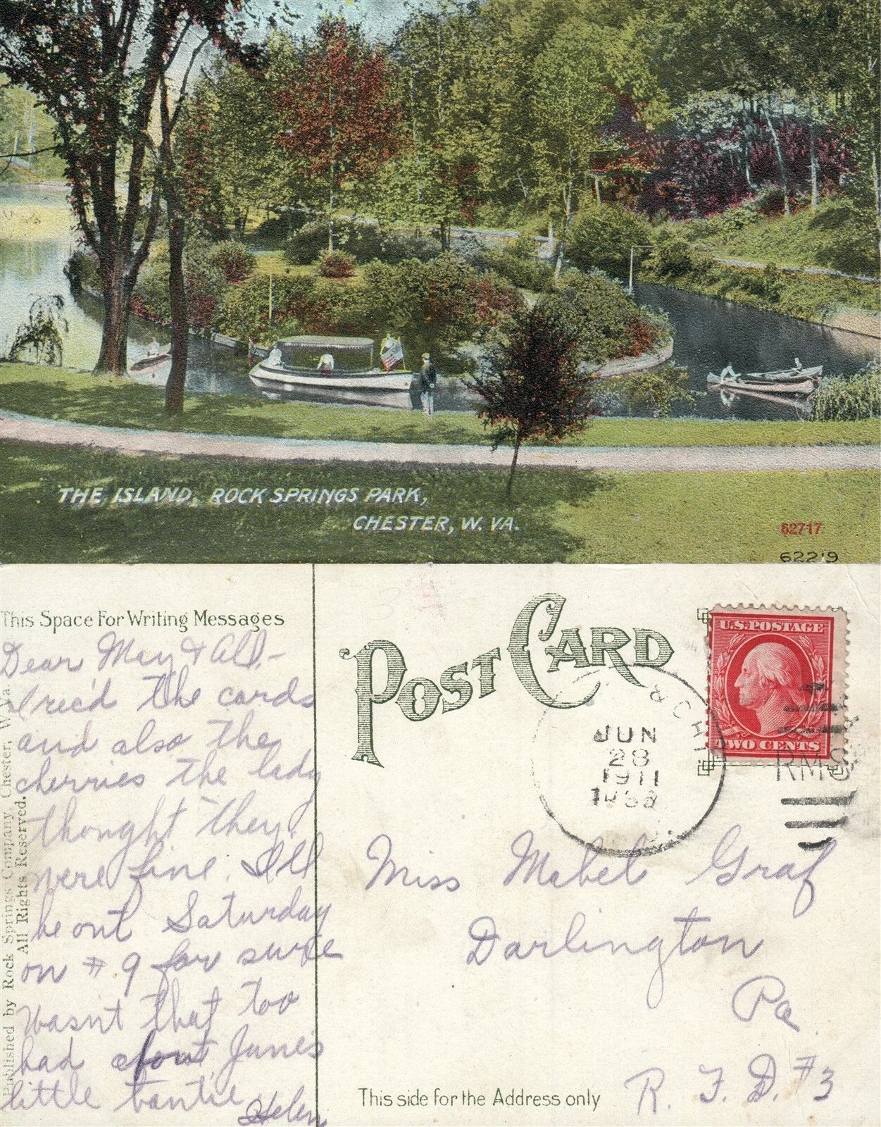 CHESTER W.VA ROCK SPRINGS PARK THE ISLAND 1911 ANTIQUE POSTCARD CORK CANCEL