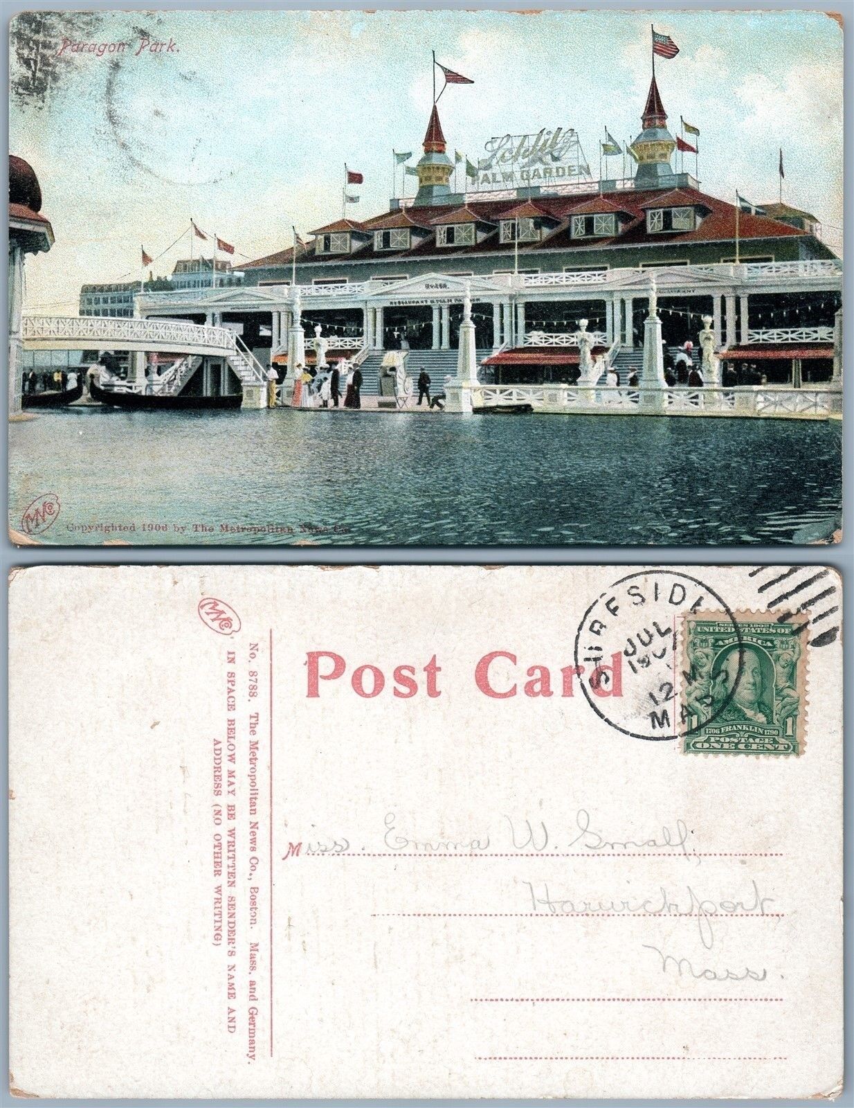 PARAGON AMUSEMENT PARK NANTASKET MA 1907 ANTIQUE POSTCARD w/ CORK CANCEL