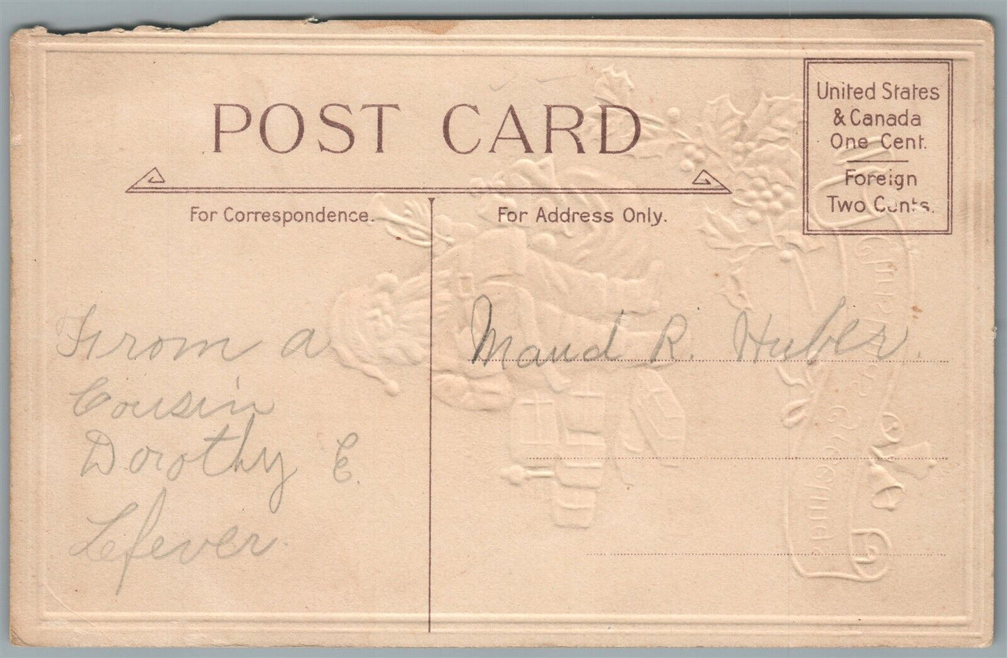 SANTA at FIRE PLACE CHRISTMAS GREETINGS EMBOSSED ANTIQUE POSTCARD