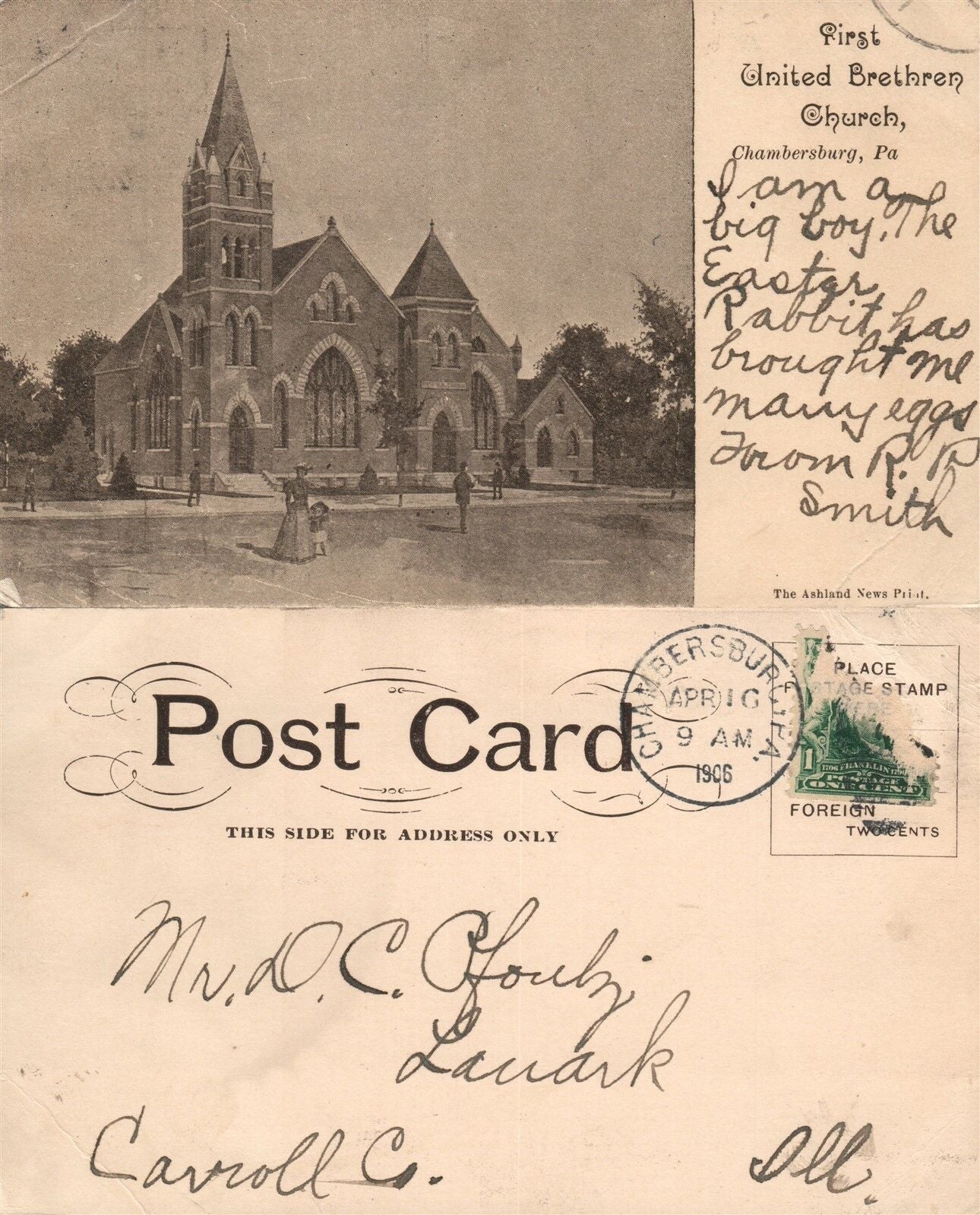 CHAMBERSBURG PA FIRST UNITED BRETHREN CHURCH 1906 UNDIVIDED ANTIQUE POSTCARD