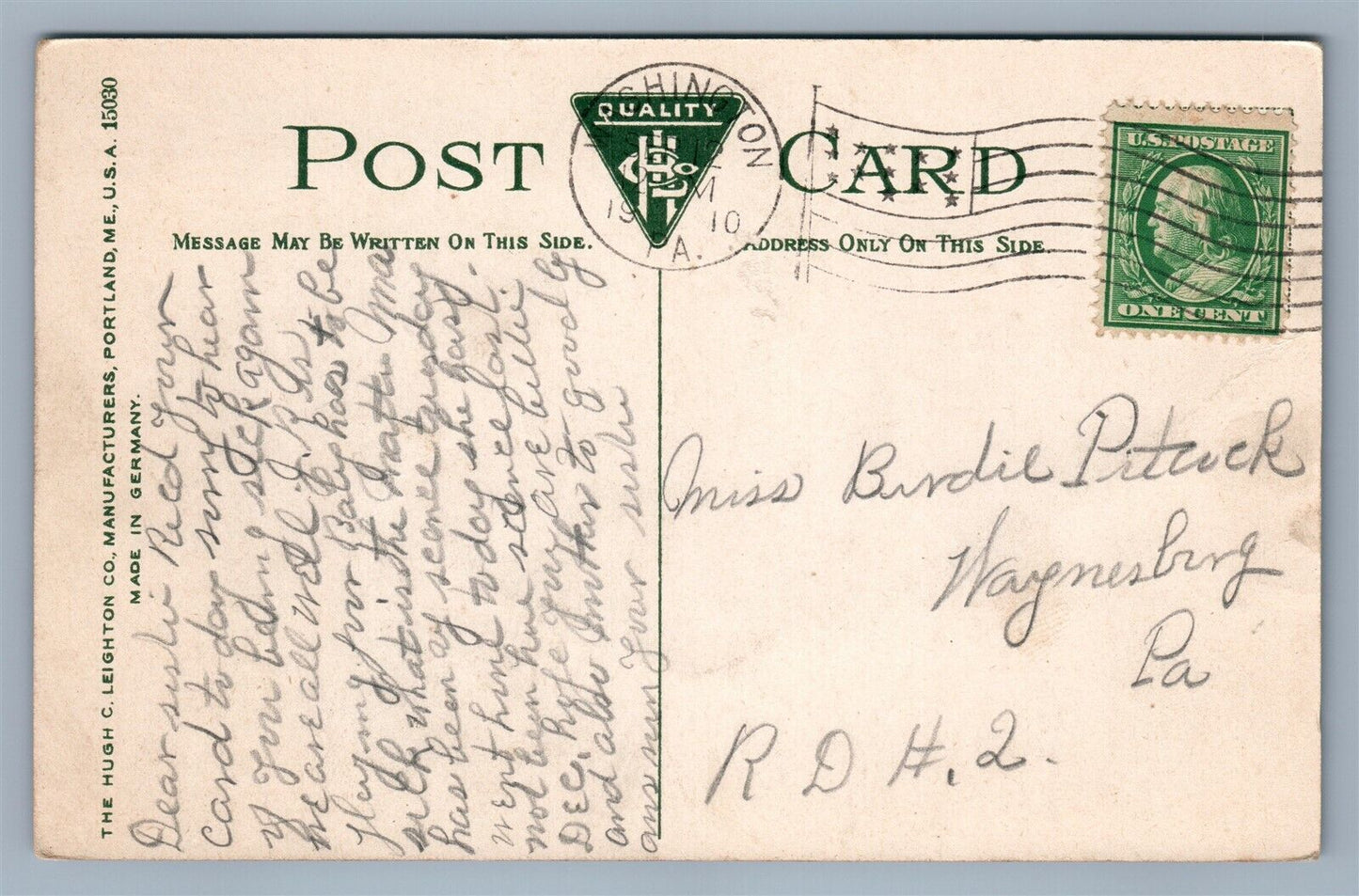 WASHINGTON PA CEMETERY ANTIQUE POSTCARD