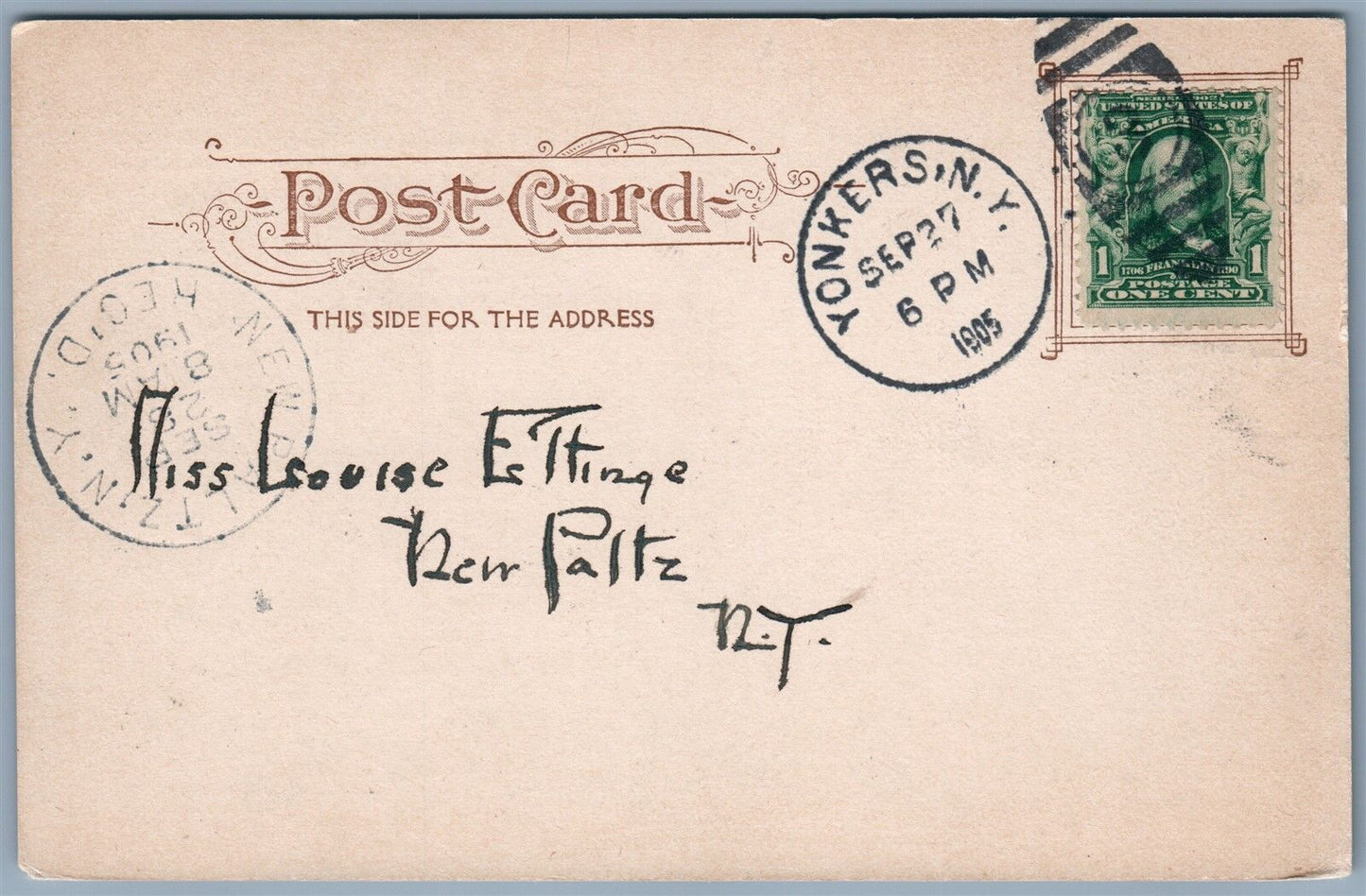 YONKERS NY WARBURTON AVENUE MANNOR HALL 1905 ANTIQUE POSTCARD w/CORK CANCEL