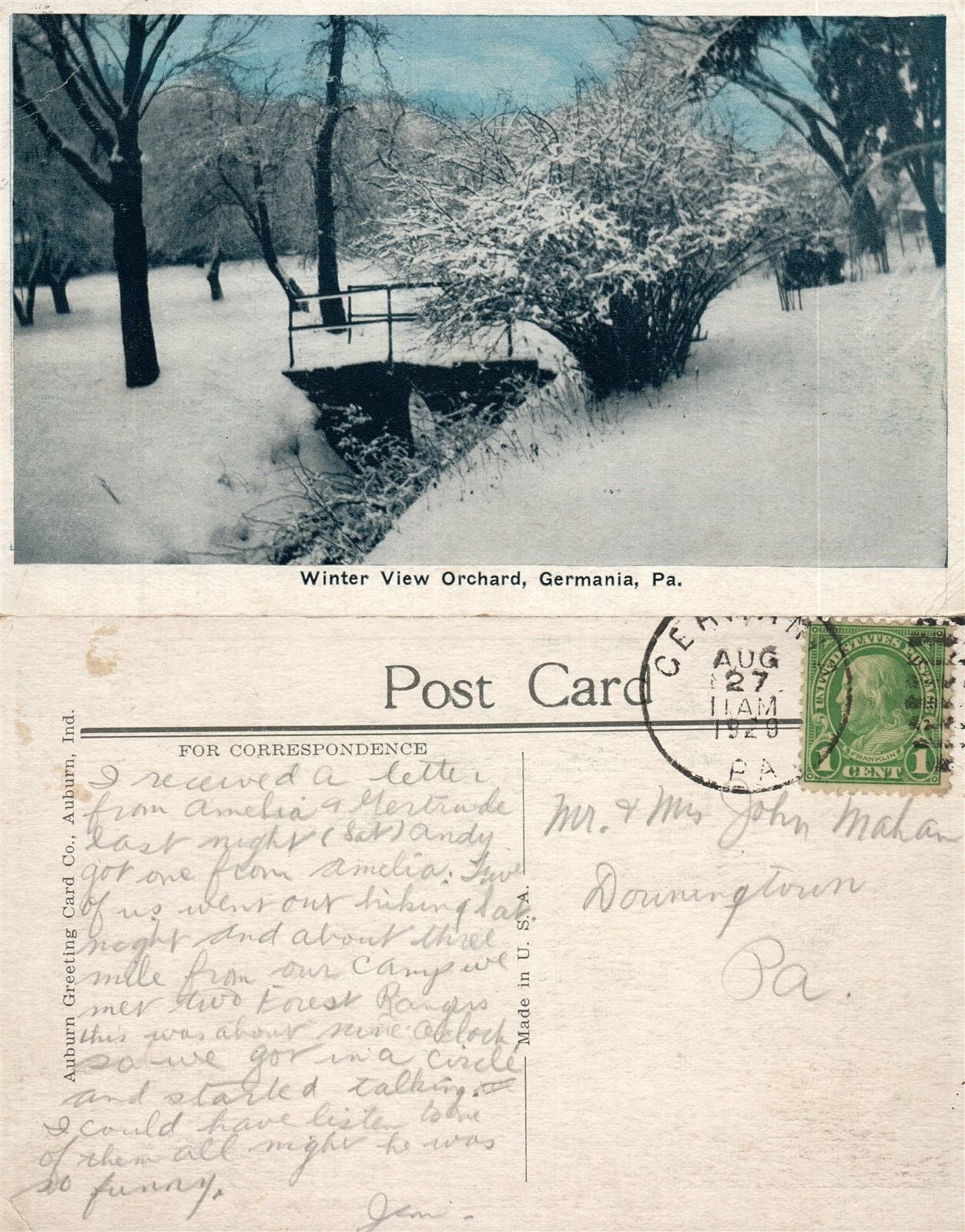 GERMANIA PA WINTER VIEW ORCHARD 1929 ANTIQUE POSTCARD w/ CORK CANCEL