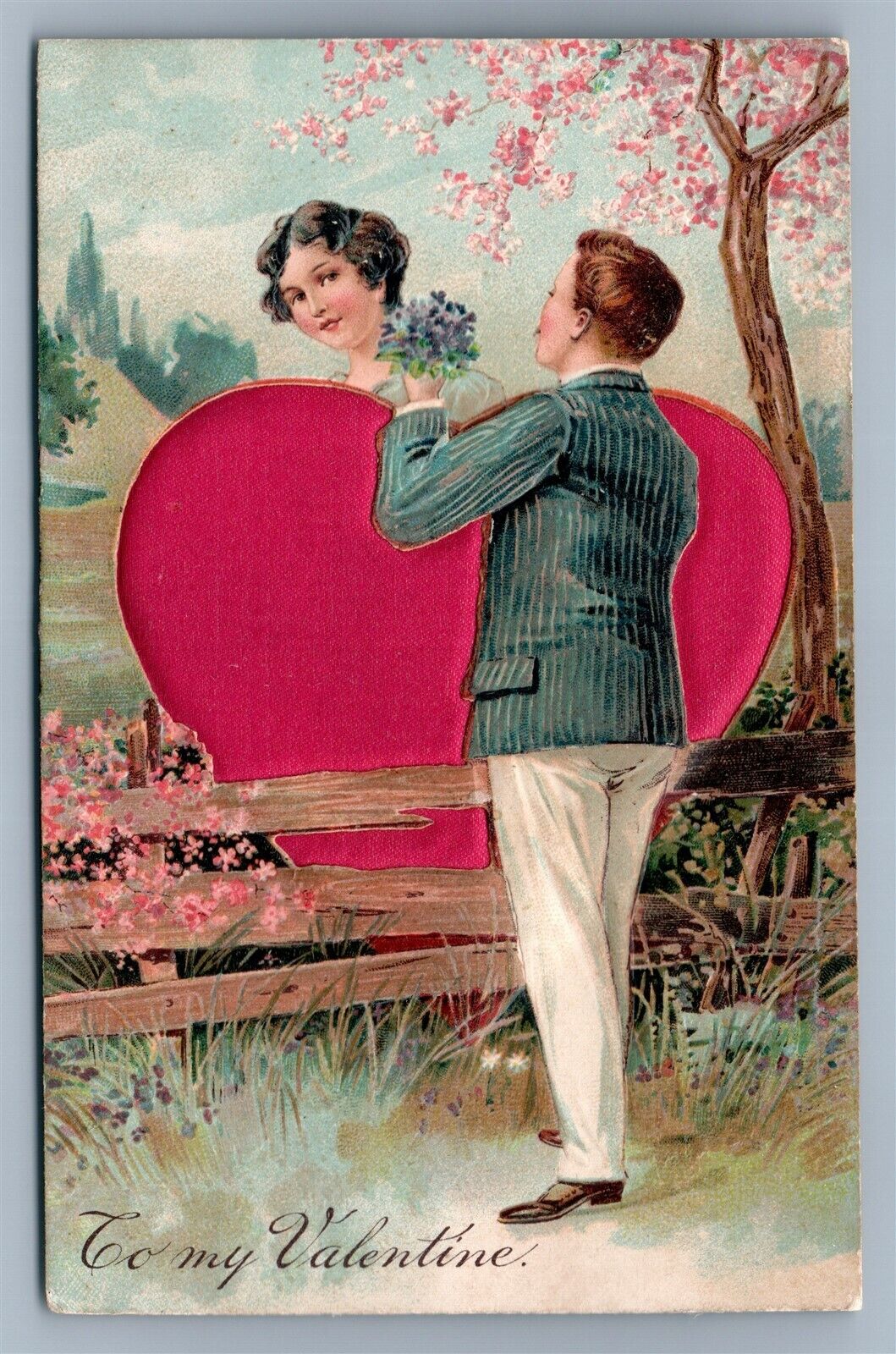 VALENTINE ANTIQUE EMBOSSED POSTCARD w/ SILK HEART series 6857
