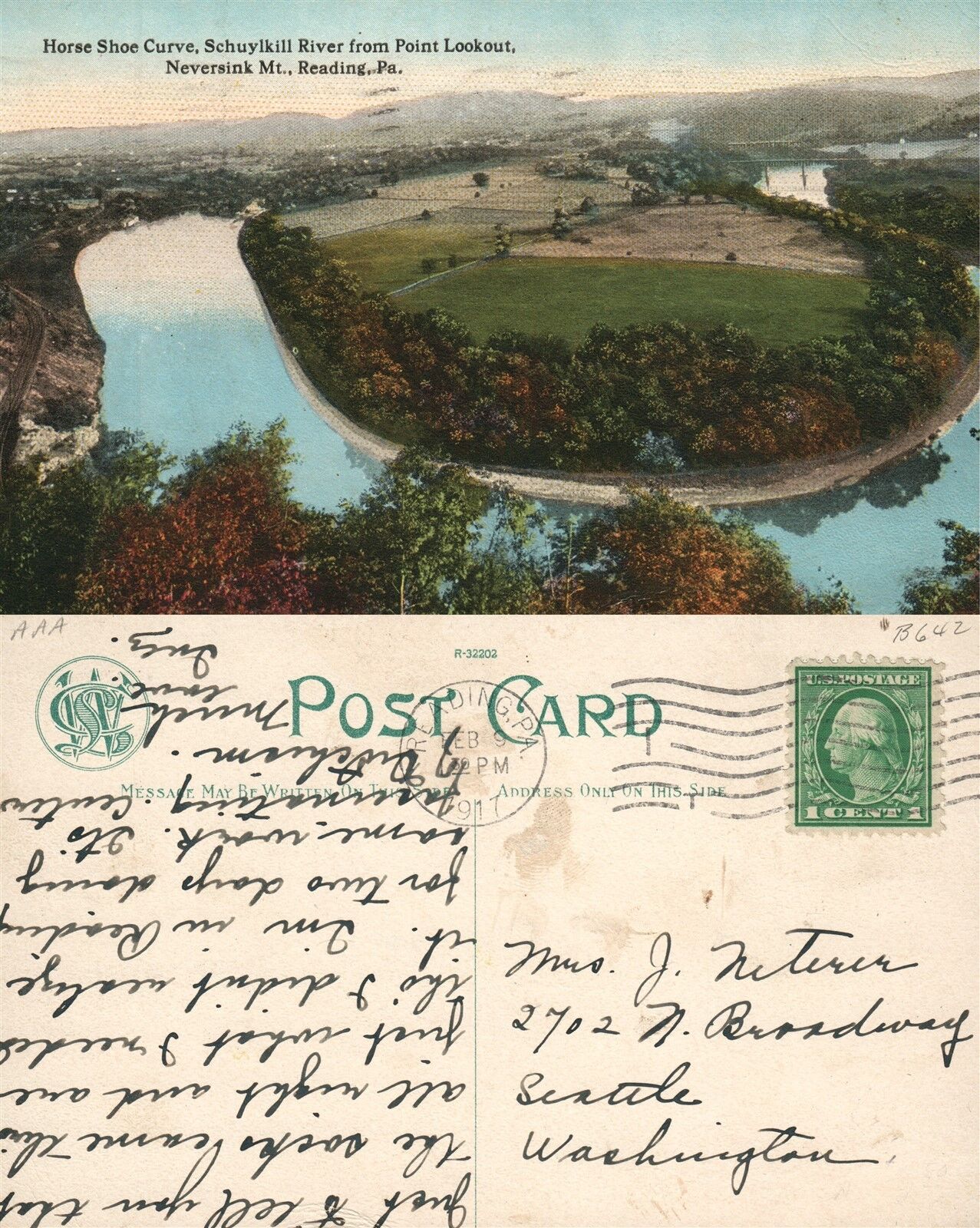 READING PA SCHUYLKILL RIVER NEVERSINK MT. 1917 ANTIQUE POSTCARD