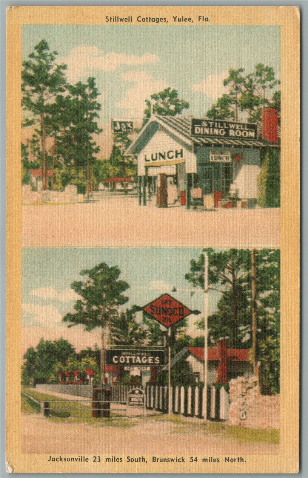 YULEE FL SUNOCO GAS STATION STILLWELL COTTAGES VINTAGE POSTCARD