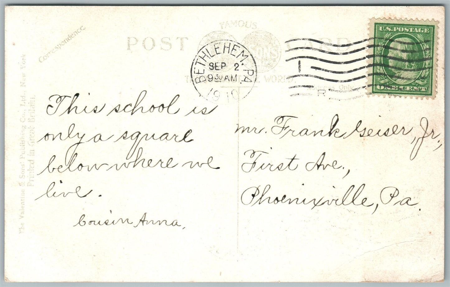 BETHLEHEM PA PREPARATORY SCHOOL 1910 ANTIQUE POSTCARD