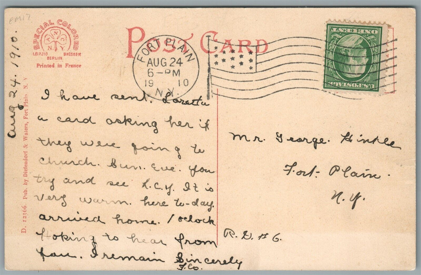 FORT PLAIN NY CENTER STREET ANTIQUE POSTCARD