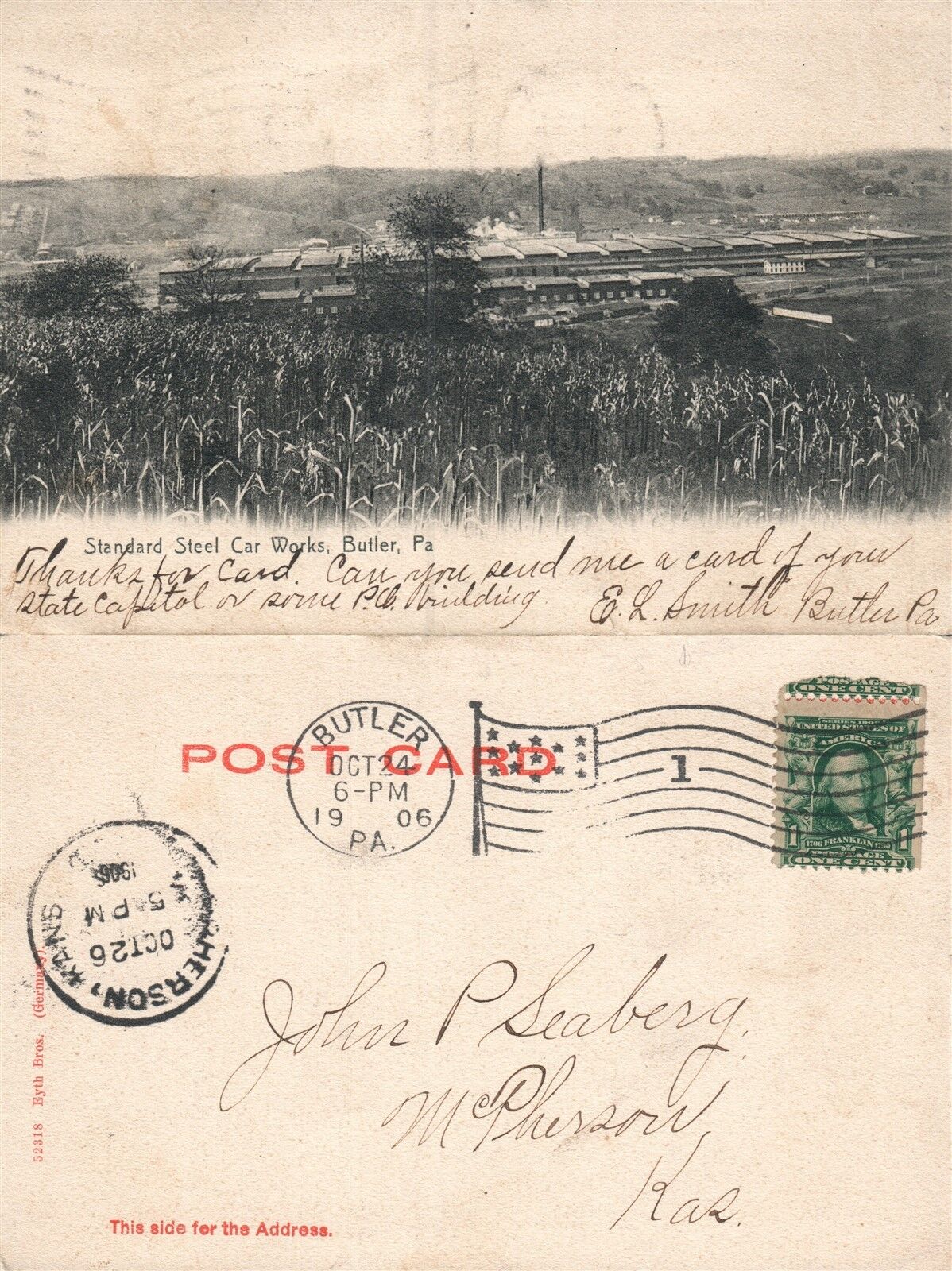 BUTLER PA STANDARD STEEL CAR WORKS 1906 UNDIVIDED ANTIQUE POSTCARD