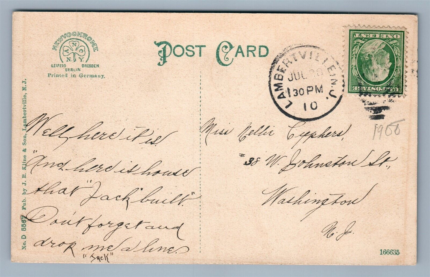 LAMBERTVILLE NJ J. LAMBERTVILLE HOUSE ANTIQUE POSTCARD