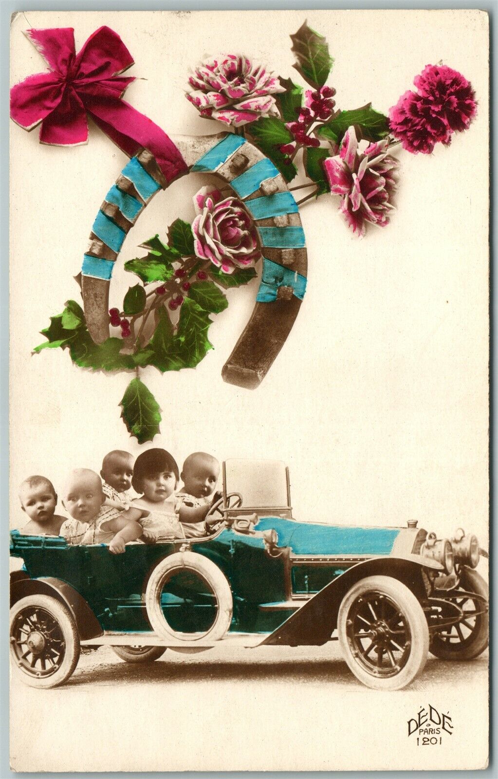 MULTIPLE BABIES in BLUE CAR HAND COLORED REAL PHOTO ANTIQUE POSTCARD RPPC